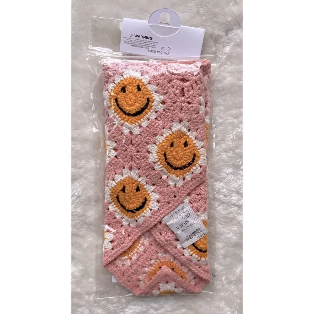 Crochet Triangle Smiley Face Headscarf Bandana in Pink, White & Yellow